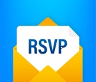Yellow envelope with RSVP card sticking out against a blue background.