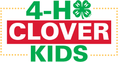 green 4-H and green clover with white H's, while clover in red background, green Kids with yellow dots connecting 4-H Clover and Kids