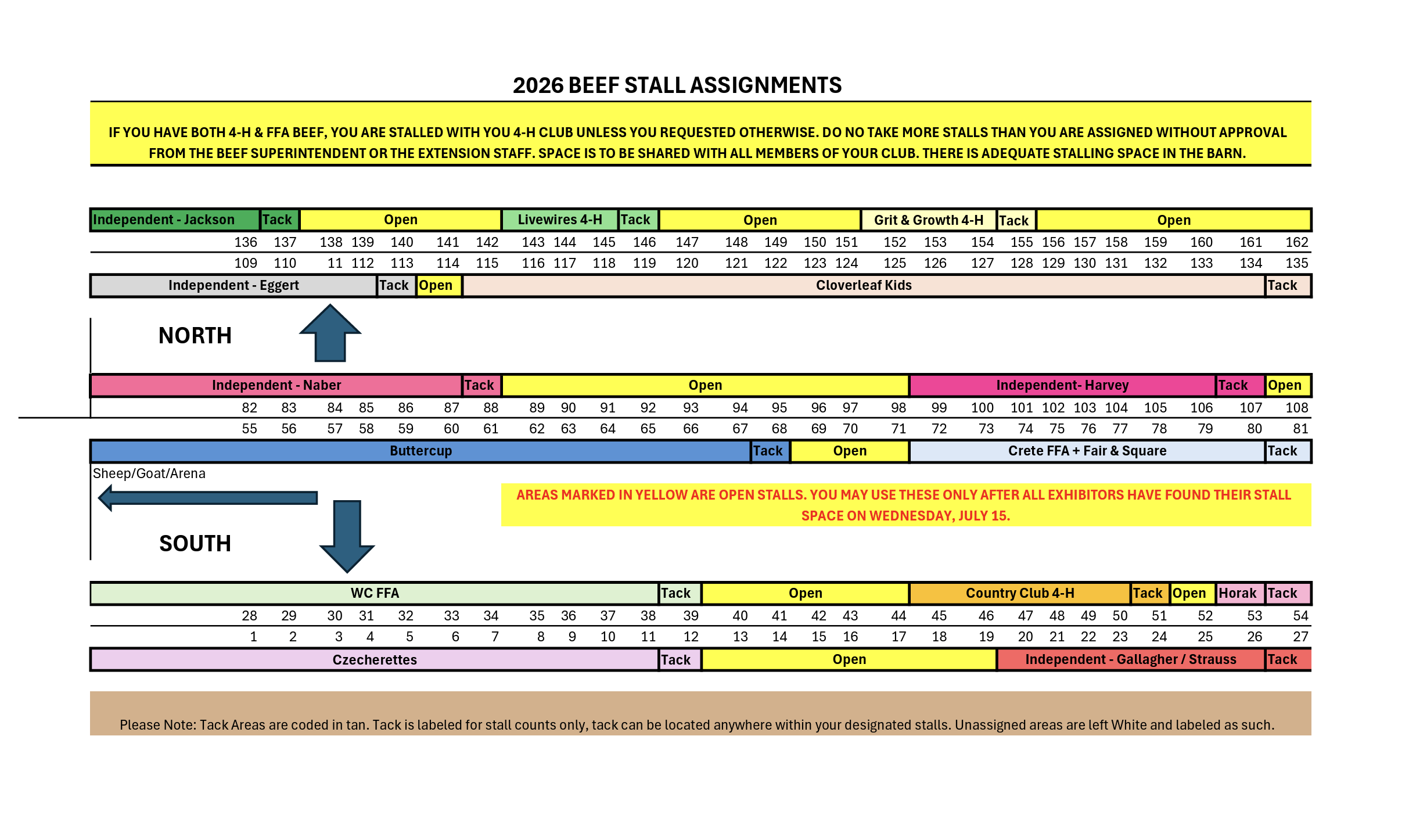 2026 beef stall assignments chart with colored sections and text detailing stall allocations.