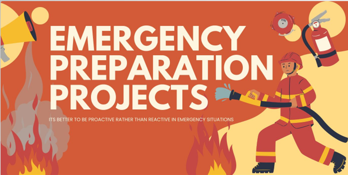 Emergency prep graphic with firefighter, flames, extinguisher, and megaphone.