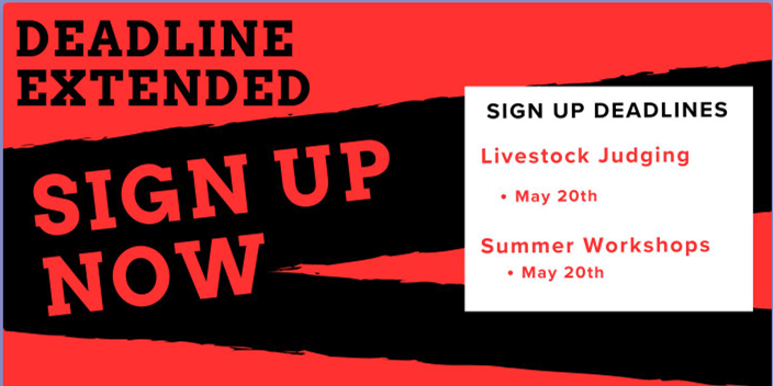 Deadline extended for livestock judging and summer workshops; sign up by May 20th.