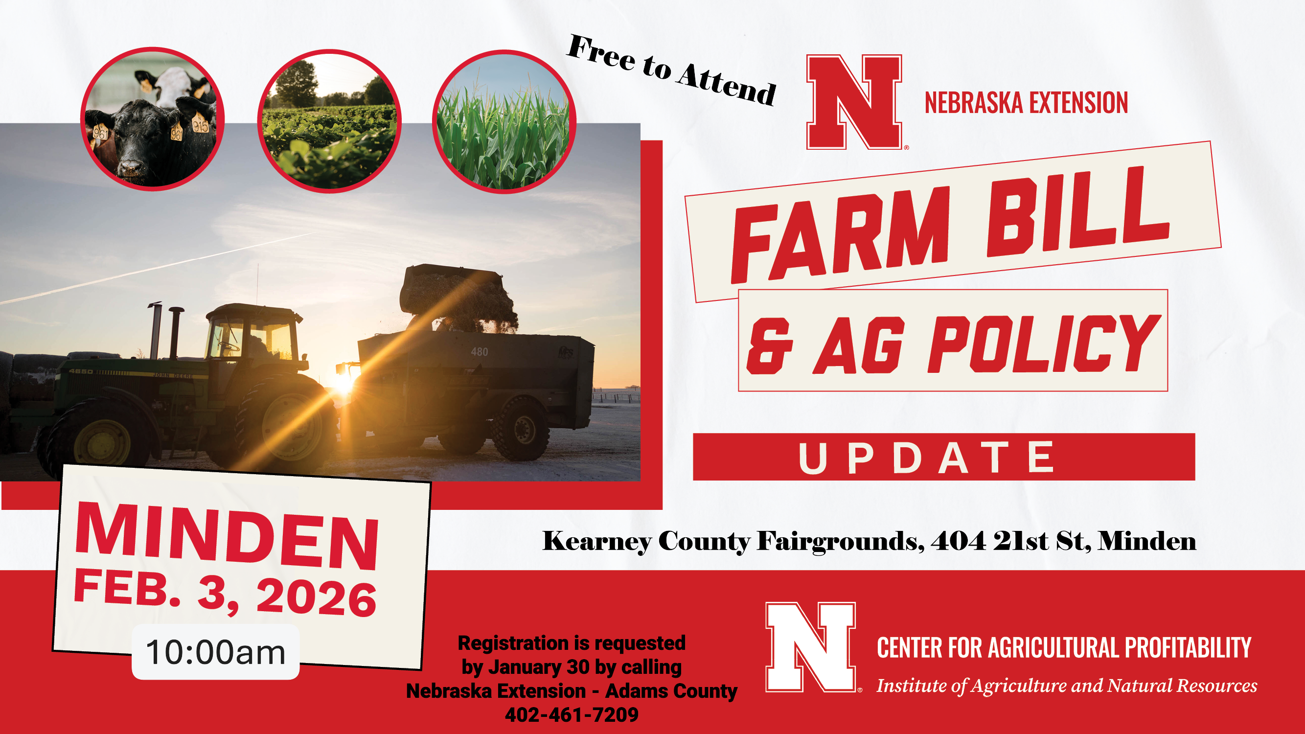 Farm Bill and Ag Policy Feb 3, has Tractors in field at sunset