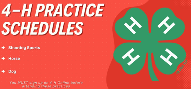 4-H logo with practice schedules listed: shooting sports, horse, dog, on a red dotted background.
