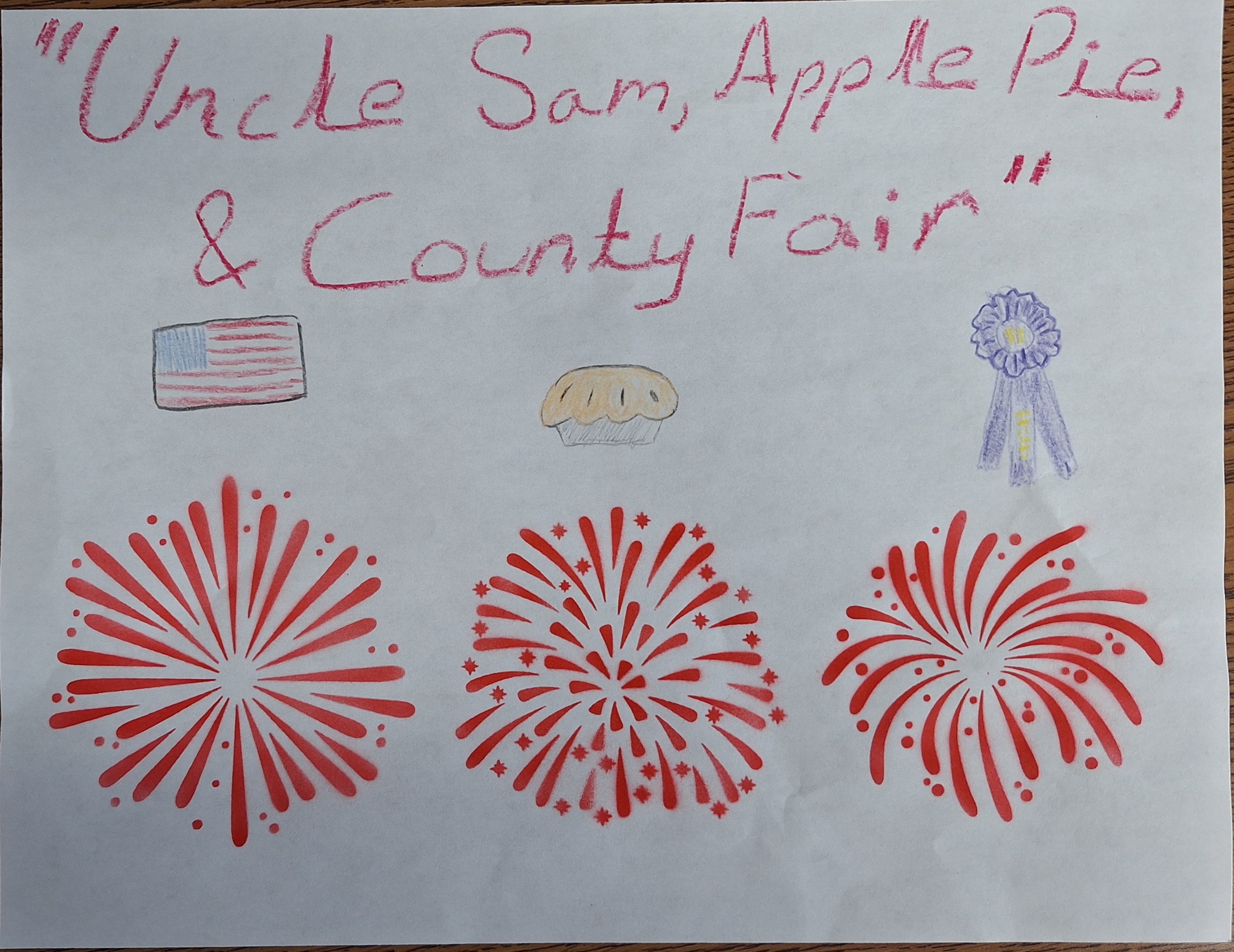 Text in red with drawings of a flag, pie, ribbon, and three red fireworks on white paper.