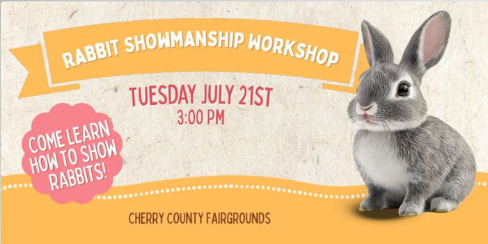 Rabbit on orange banner with text promoting a workshop at Cherry County Fairgrounds.