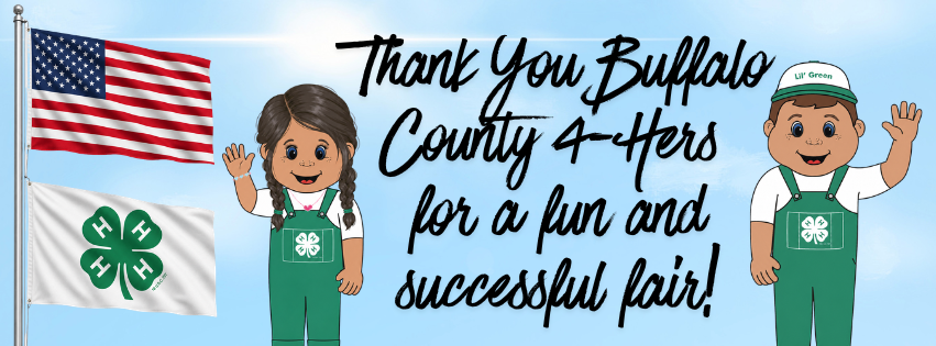 Two cartoon children in green 4-H overalls wave beside American and 4-H flags.