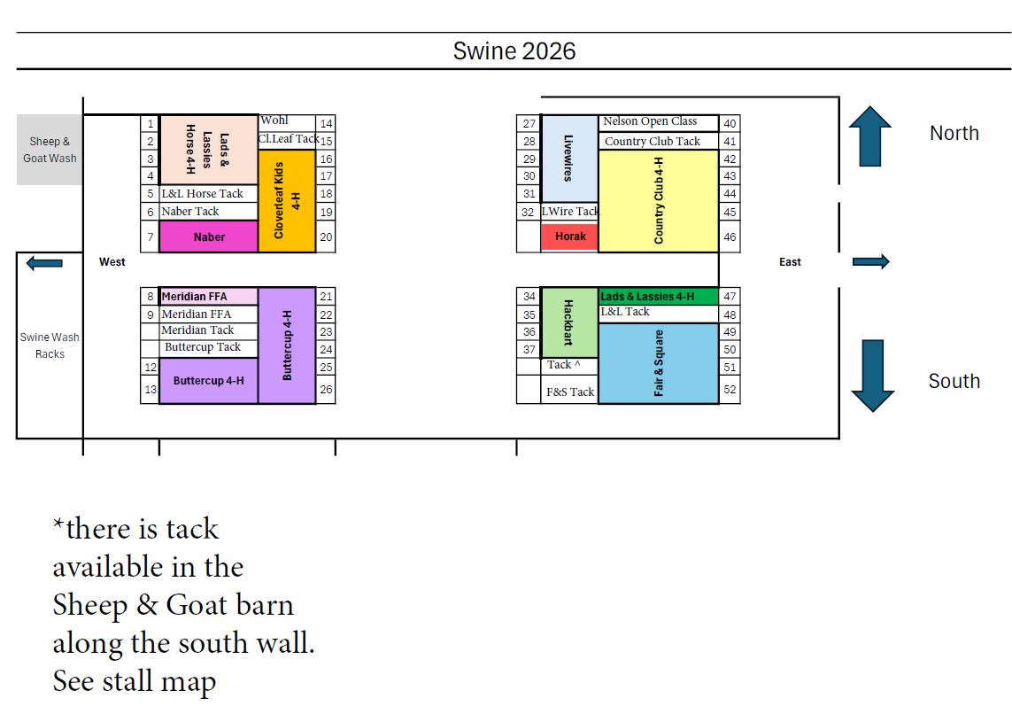 Swine barn layout map with labeled tack and stall areas, directional arrows, and written notes.