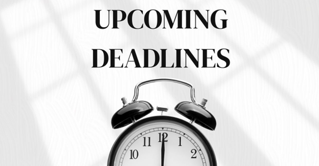 Alarm clock under text reading "Upcoming Deadlines" on a light background.