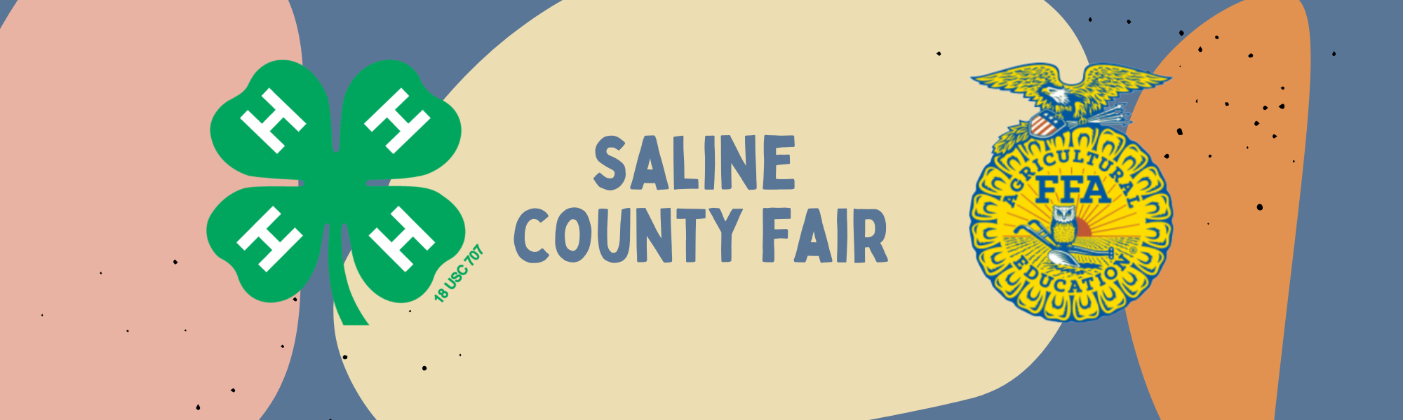Saline County Fair logo featuring 4-H and FFA emblems on a colorful abstract background.