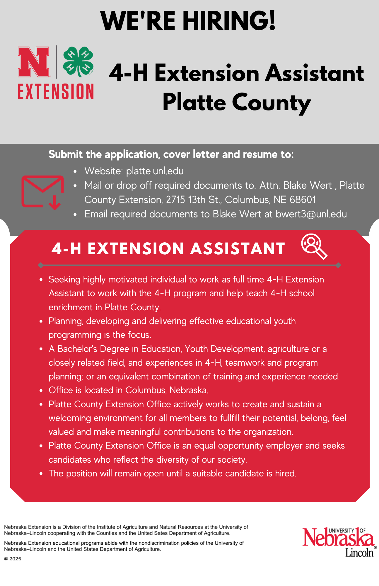 4-H Extension Assistant job posting with details about qualifications and application process.