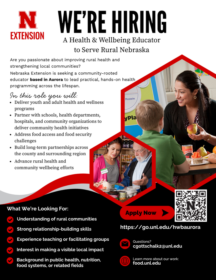 We’re hiring flyer for a health and wellbeing educator with job details and contact information.