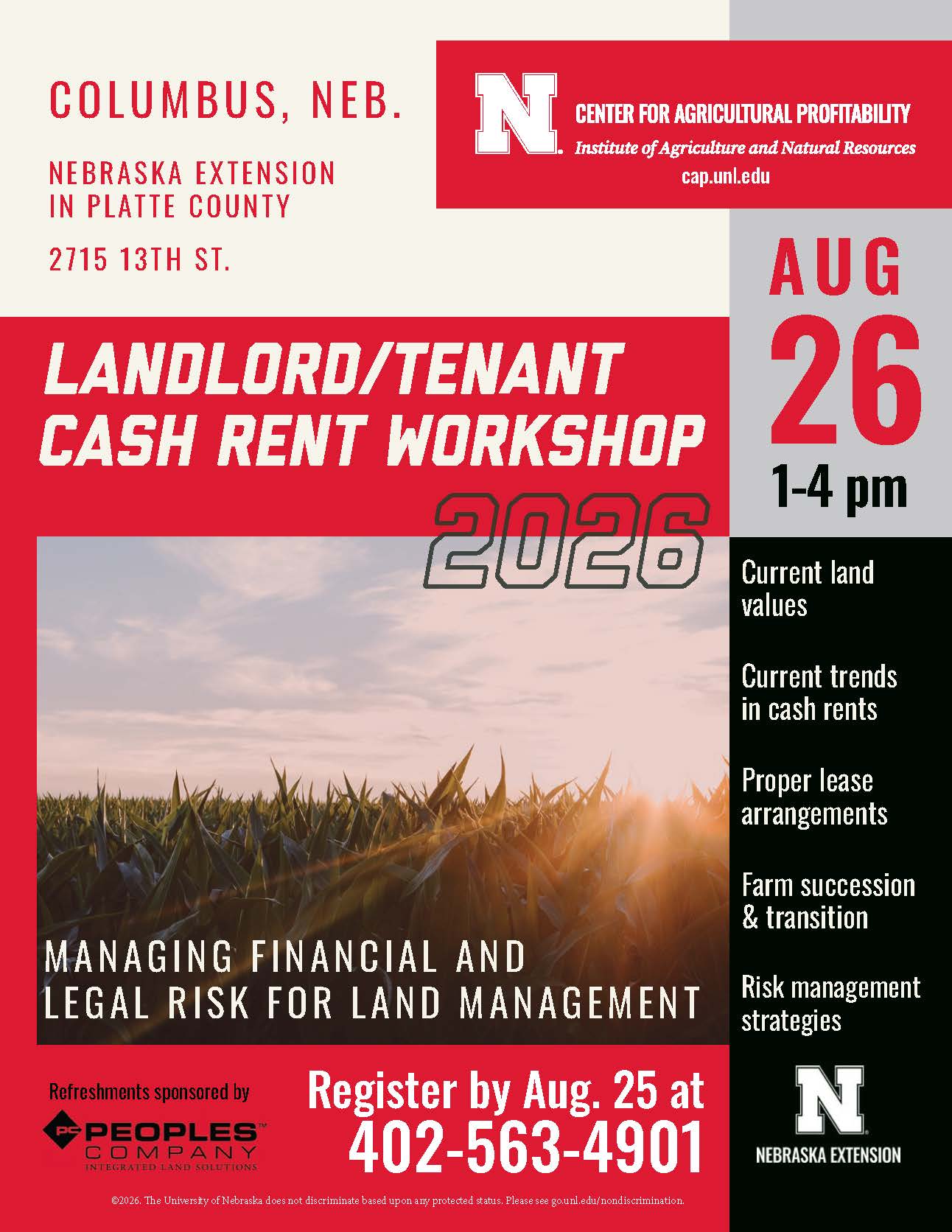Landlord/Tenant workshop flyer with August 26 date, event details, and a field of crops graphic.