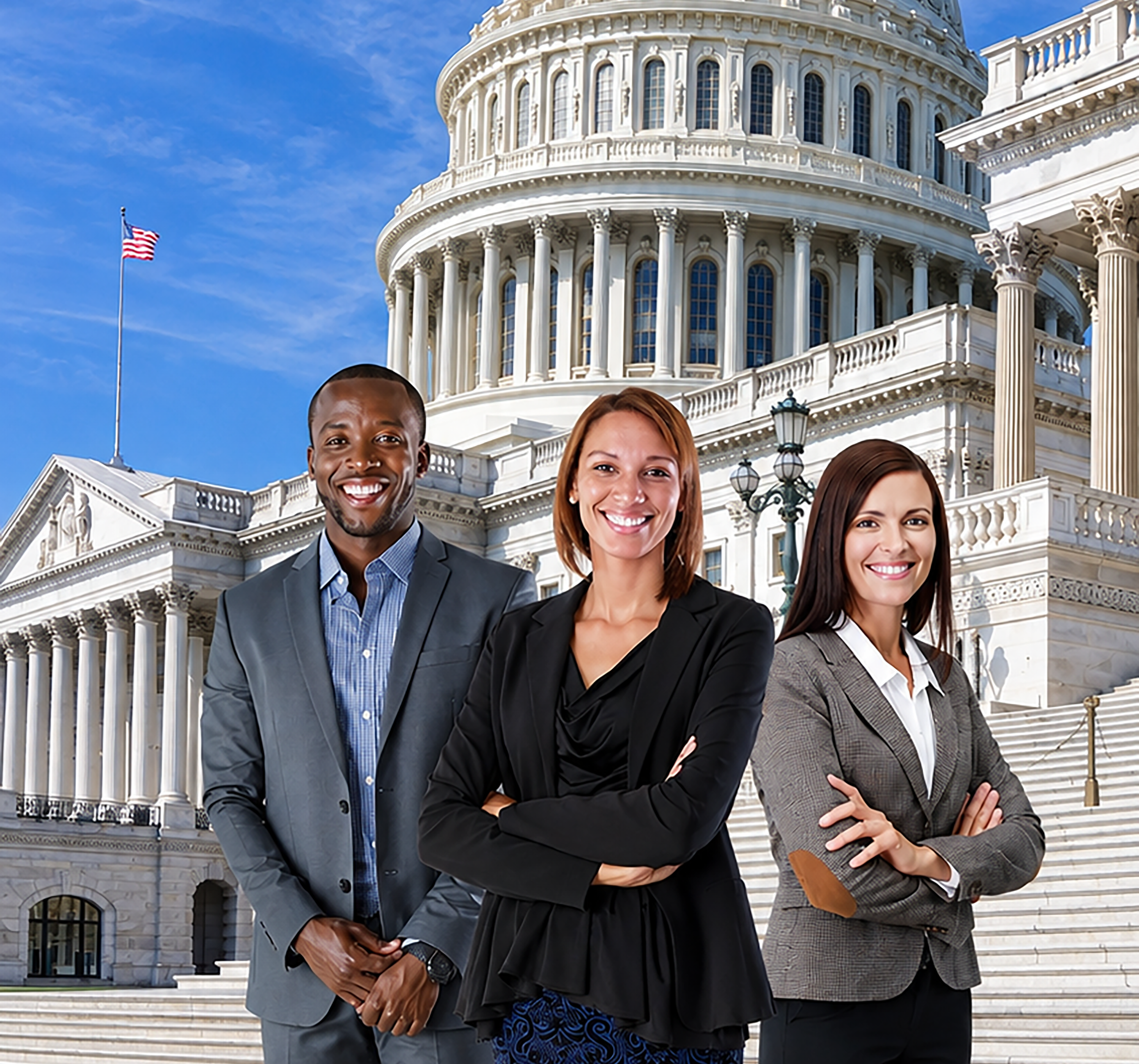 Three professionals standing in front of a government building with the U.S. Capitol dome visible.