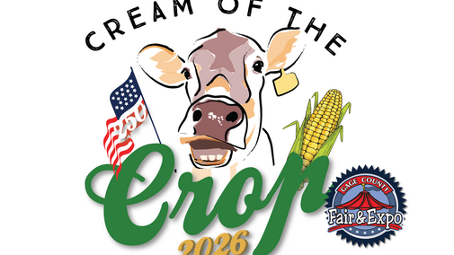 Cow illustration with corn, U.S. flag, and "Cream of the Crop 2026" text with a fair logo.