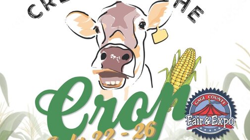 Cream of the Crop July 22-26, 2026 with an illustrative cow, corn cob and logo
