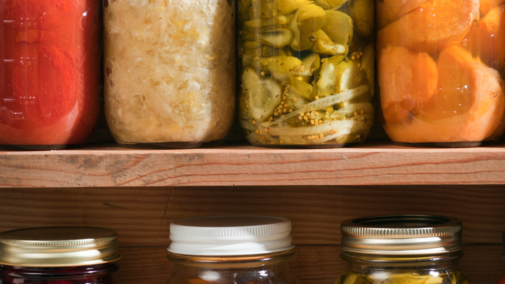 Jars of preserved foods line a shelf