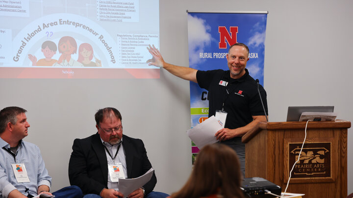 Rural Prosperity Nebraska Extension Educator Shawn Kaskie presents on the eCommunities entrepreneurship program at the 2025 CEC in North Platte.”