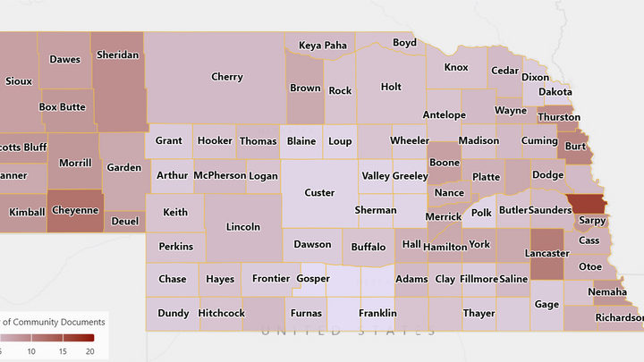 A county map of Nebraska with county names labeled and each county shaded according to a different perameter.