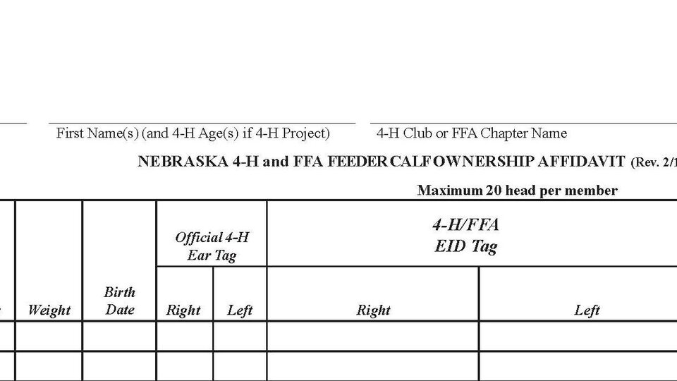 sample Form layout for Nebraska 4-H and FFA livestock ownership affidavit