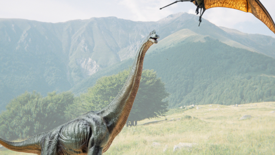 A dinosaur and pterosaur amidst a grassy valley with mountains in the background.