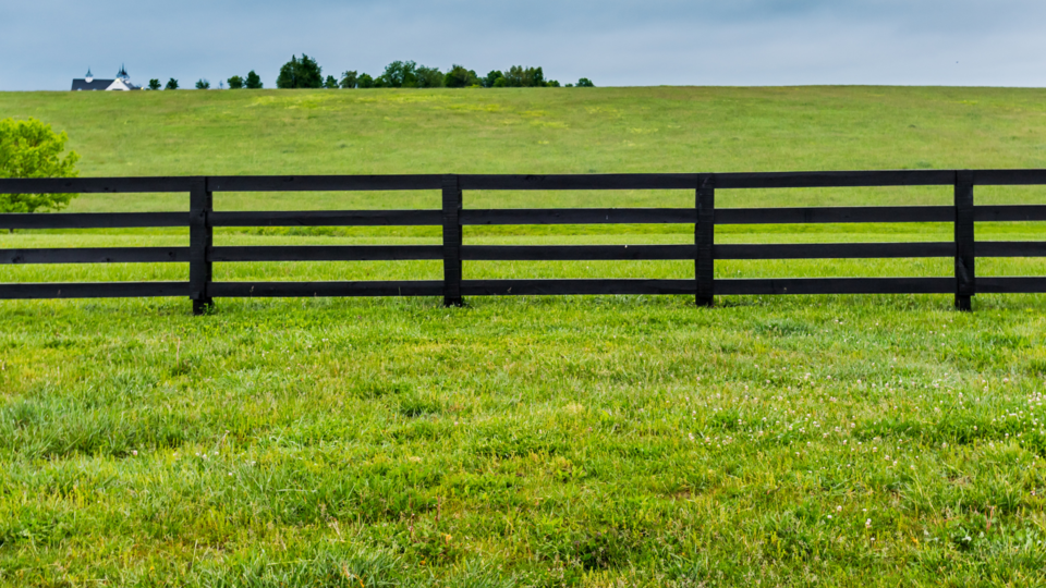 Beautiful green pasture with wooden fence and a farm in the distance
