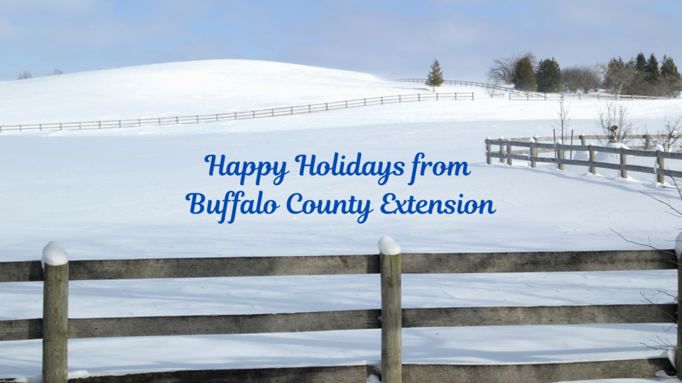 Winter scene with holiday greetings from Buffalo County Extension