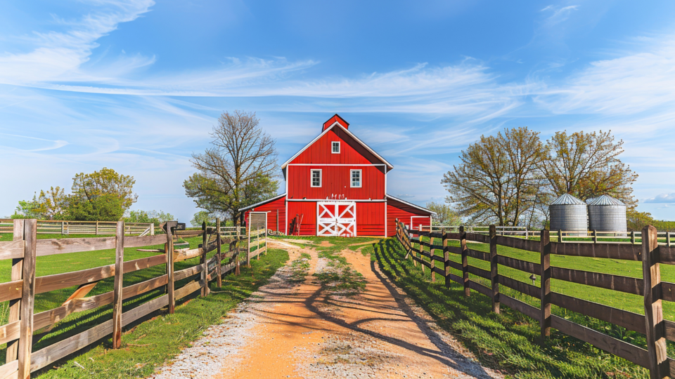 Red barn on a farm with a blue sky