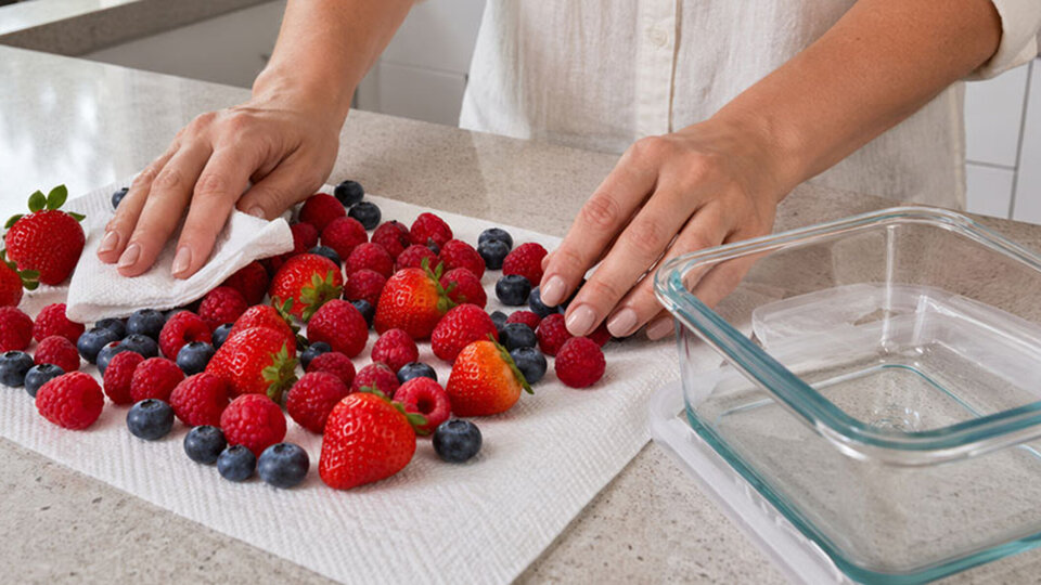 Hands pat drying strawberries, raspberries, and blueberries with a cloth on a countertop.