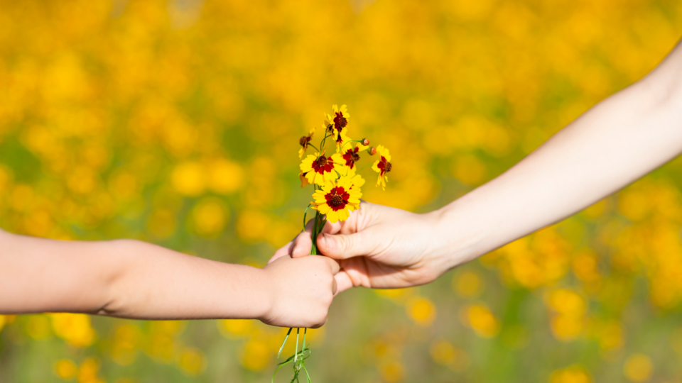 Giving flowers to a friend