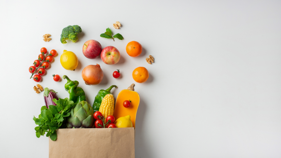 Grocery sack filled with healthy fruits and vegetables