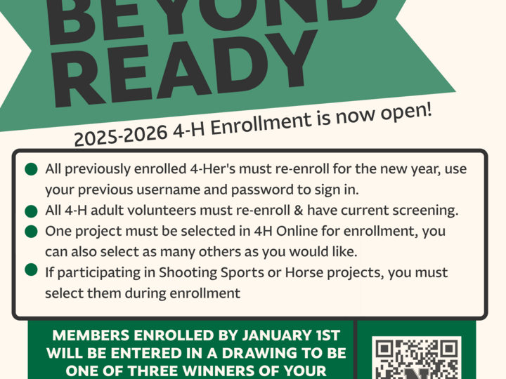Richardson County 4-H Enrollment is now open for the 2025-2026 year. All previously enrolled 4-Hers and adult volunteers must re-enroll for the new year. If participating in the Shooting Sports or Horse projects, you must enroll in them online.