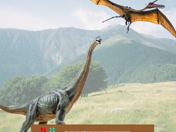 A dinosaur and pterosaur amidst a grassy valley with mountains in the background.