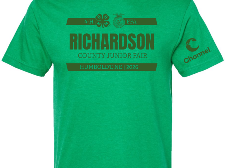 Green t-shirt with “Richardson County Junior Fair, Humboldt, NE | 2026” text and logos for 4-H, FFA, and Channel.
