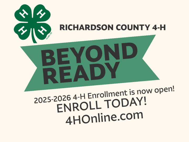 Four-leaf clover logo with "Beyond Ready" banner and Richardson County 4-H enrollment details.