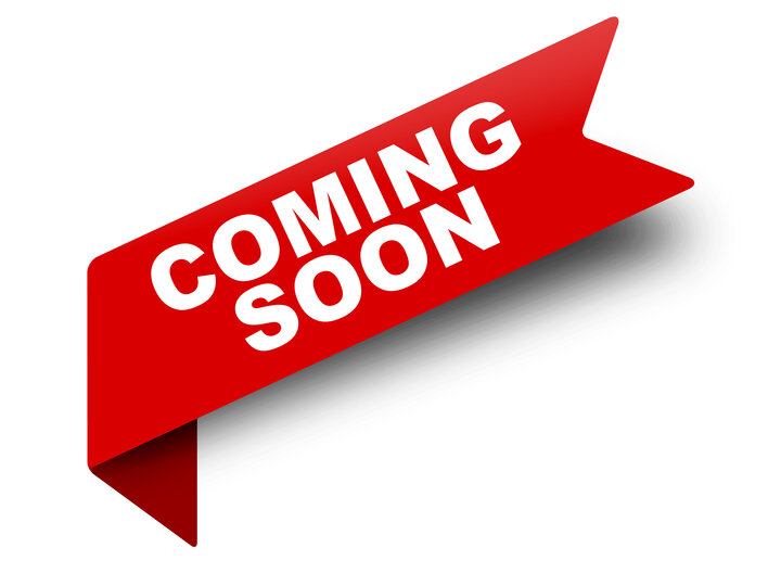 Red ribbon with "COMING SOON" text in bold white letters. White Background