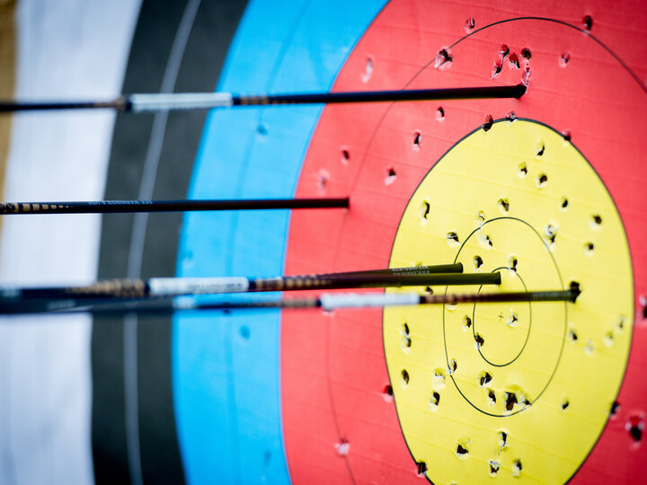 Archery target with arrows hitting red and yellow circles, surrounded by puncture marks.