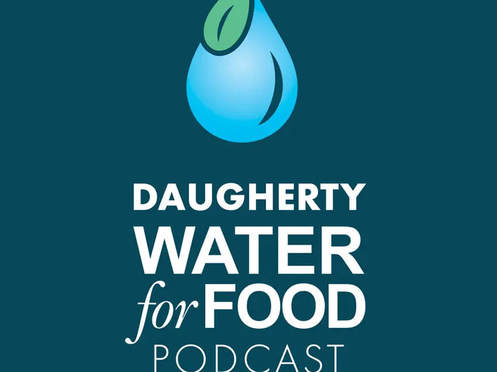 Daugherty Water for Food Podcast logo with a blue water droplet and green leaf.