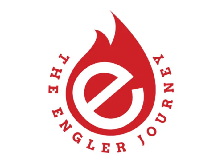 Red flame-shaped logo with a bold white letter "e" and "The Engler Journey" text encircling it.