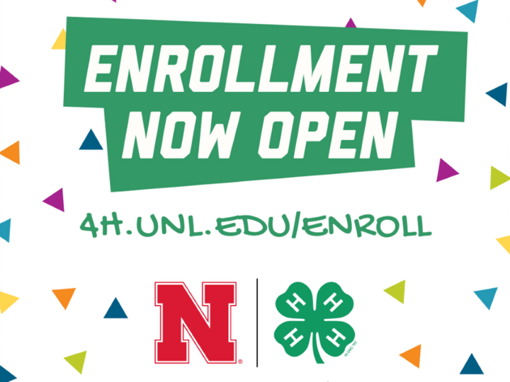 Enrollment Now Open text in green banner, colorful triangle confetti background, 4-H and Nebraska logos.