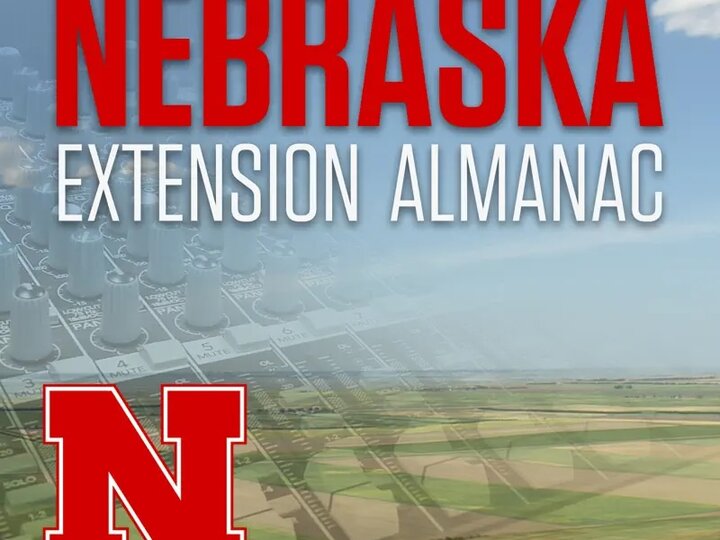 Nebraska Extension Almanac logo with fields and microphone background.