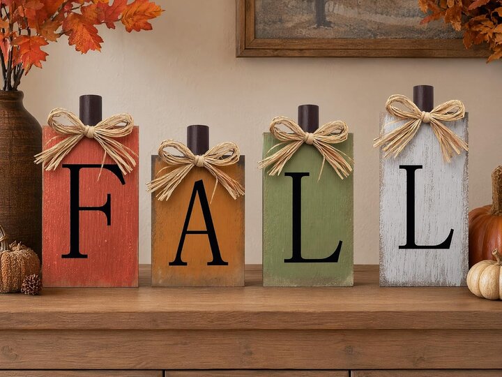 Wooden fall-themed decor blocks with autumn colors and raffia bows on a rustic table.