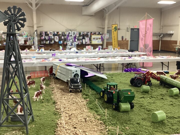 Farm display exhibit with tractors, livestock and large windmill at the Buffalo County Fair