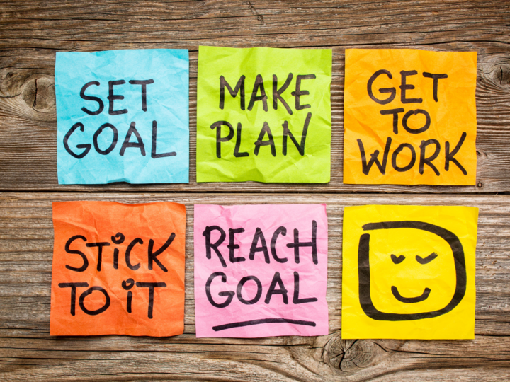 Six colored papers with notes that say Set Goal, Make Plan, Get to Work, Stick to it, and Reach Goal