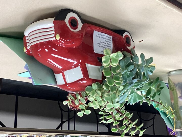 Red car planter with cascading green succulents displayed indoors.