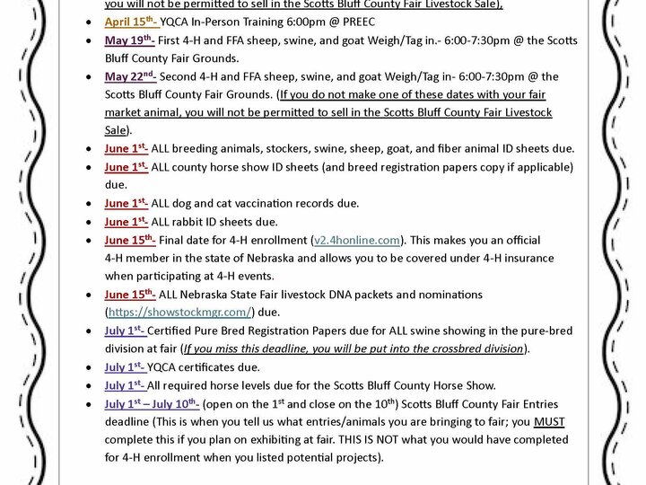 Scotts Bluff County 4-H 2025 Important Dates