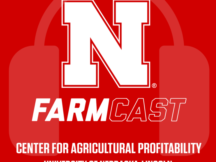 Red logo with white "N," headphones, and "FarmCast" text beneath. University of Nebraska-Lincoln branding.
