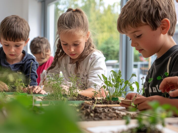 Five students looking at plants in a classroom setting