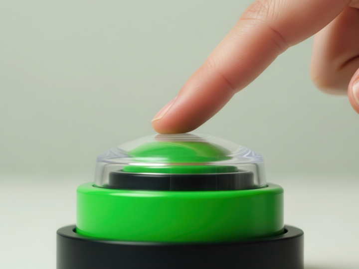 Finger pressing a green button with a white background