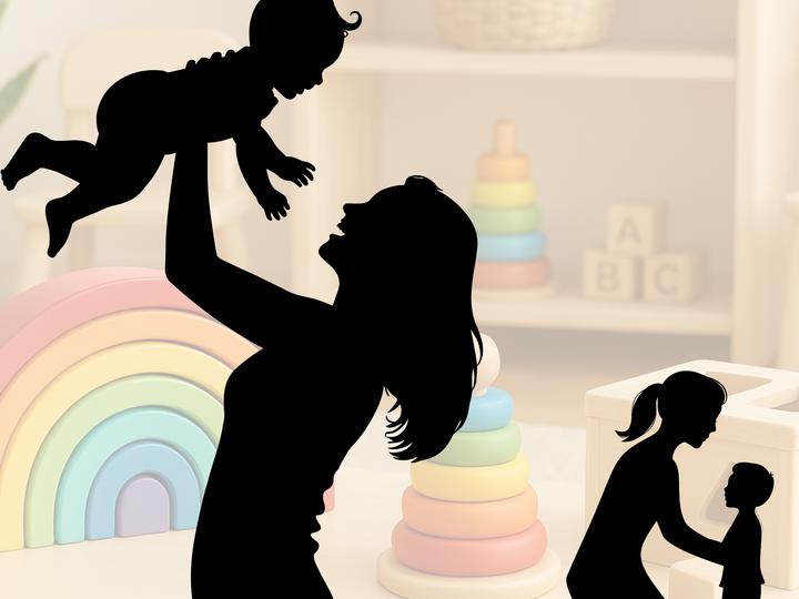 Silhouettes of adults with children in a room with colorful toys and shelves.