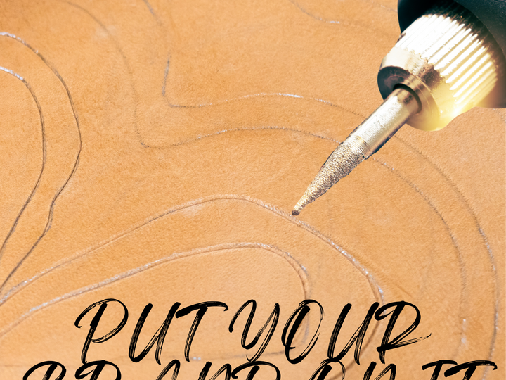 Engraving tool etching curved patterns on tan leather. Words "Put your brand on it"